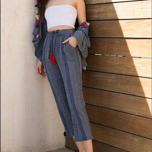 THML blue and white striped cotton red tie accent waist pants